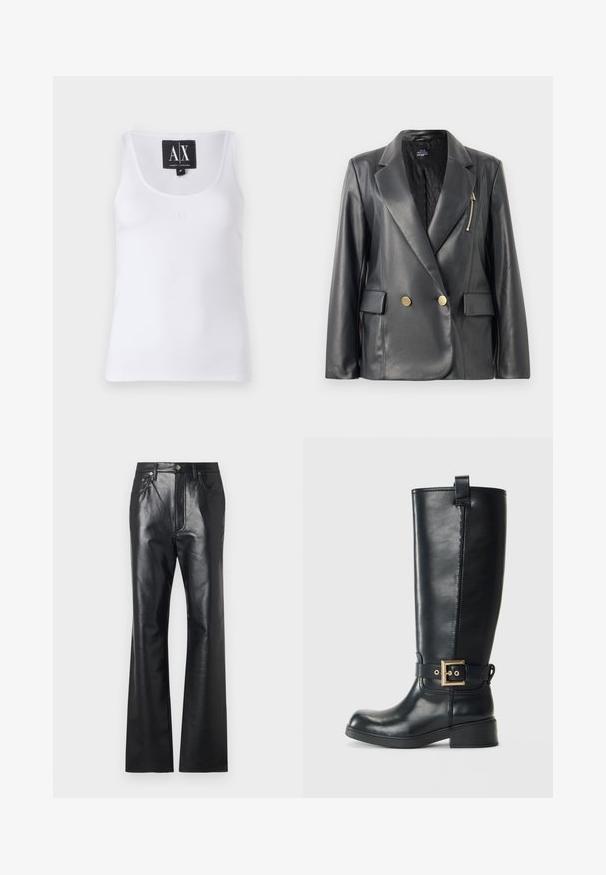 Must muströöpidega must nahkbleiser, millel on satiinviimistlus, laiad klappid, kuldse tooni nupud, lukuga tasku ja tepitud vooder.; Valge ilma varrukateta särk, mis on valmistatud siledast kangast, ümaratede kaelusega ja esiküljel ühe diskreetse broderitud logoga.; Mustad nahkpüksid sileda tekstuuriga, flöödid kujunduses, ees asuva tõmbluku ja vööpaeladega. Omavad peeneid õmbluskirjeldusi.; Mustad muste nahast saapad, mis ulatuvad põlvedeni, madala plokk-kandaga, kaunistatud kullavärvi pihustiga ümbritsetud ja ülevalt tõmmitsaga.