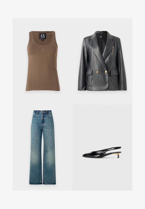 Svart skinn blazer med dobbeltknapping som har satinfinish, brede rever, knapper i gulltone, glidelåslomme og quiltet fôr.; Brun bomullstopp med rund halsringning, sømmer i sidesømmen og en liten brodert logo på brystet. Glatt tekstur.; Lys blå denim vidt bukser med høy midje, fem lommer og lett frayed hem, som viser en teksturert, falmet finish.; Sorte slingback pumps med spiss tå, glanset skinnfinish og en liten hæl med gullakcent. Elegant design med åpen bak.