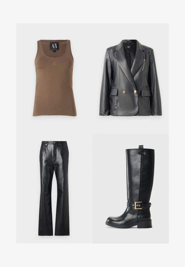 Juodas odinis dvigubos eilės švarkas su satino apdaila, plačiomis atlošomis, auksinėmis mygtukais, užtrauktuku užsegama kišene ir tvirtinimo pamušalu.; Rudas medvilninis tank topas su apvaliu kaklu, šoninėmis siūlėmis ir mažu siuvinėtu logotipu ant krūtinės. Lygi tekstūra.; Juoda odinė kelnė su lygiu paviršiumi, plačiomis kojomis, priekiniais užtrauktukais ir diržo kilpomis. Yra subtilių siuvinėjimo akcentų.; Juoda odinė aukščiau kelių batas su žemu bloku kulnu, dekoratyvi auksinė sagtis aplink čiurną ir traukiantis kilpelis viršuje.