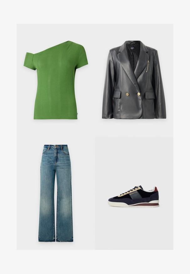 Fekete bőr, dupla gombolású blézer, selyemfényű kivitelben, széles hajtókákkal, arany színű gombokkal, cipzáras zsebbel és steppelt béléssel.; Zöld bordázott póló, egy vállra szabott dizájnnal. Az egyik oldalon rövid ujjú és testhez simuló fazon. Simább textúra és közepes hosszúságú alsó rész.; Világoskék farmer széles szárú nadrág magas derékkal, öt zsebbel és enyhén foszlott szegélyekkel rendelkezik, amely egy texturált, kopott hatást mutat.; Tengerészkék nubuk sportcipő bézs és sötétkék akcentusokkal. Fehér gumitalppal és arany logóval az oldalon. Klasszikus sportos dizájn.
