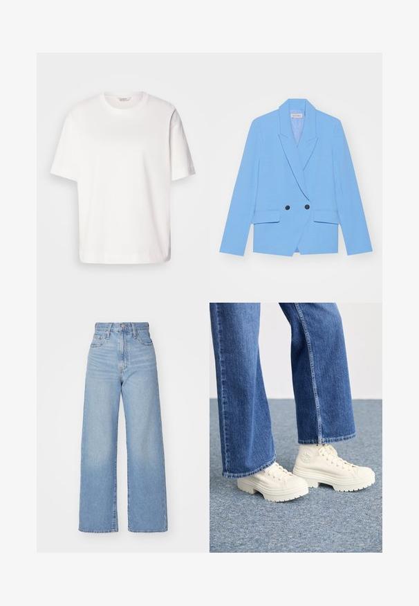 Blazer azul claro de doble botonadura hecho de una tela suave. Presenta grandes botones negros, solapas con muesca y dos bolsillos laterales.; Camiseta de algodón blanca de manga corta, con cuello redondo, corte holgado y textura suave; sin patrones ni elementos visibles.; Jeans de tiro alto y pernera ancha en azul claro, con cierre frontal de botón y cremallera, y bolsillos delantero y trasero, sobre un fondo blanco.; Zapatillas deportivas blancas de caña alta con suelas gruesas y estriadas, y detalle de logo circular, combinadas con jeans de mezclilla de pierna ancha en azul claro.