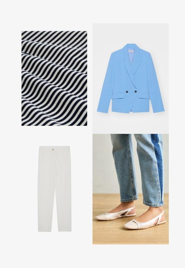 Svijetloplava dvostruko zatvorena blejzerica izrađena od glatkog materijala. Ima velike crne dugmadi, rever na izrez, te dva bočna džepa.; Bombažna tkanina z valovitimi temno modrimi in belimi črtami. Tekstura je gladka z rahlo elastičnostjo, kar ustvarja dinamičen vizualni vzorec.; Bela, krojena hlače z ravnimi nogami, ki vključujejo gumbasto zapiranje, zanke za pas in stranske žepe; gladka tekstura tkanine.; Svijetloružičaste slingback balerinke s šiljastim nožnim prstima, napravljene od glatkog materijala nalik koži. Imaju izrezane detalje sa strane i ravne pete.