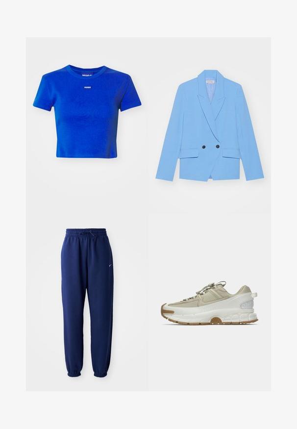 Light blue double-breasted blazer made of smooth fabric. Features large black buttons, notched lapels, and two side pockets.; Blue cropped t-shirt made of ribbed cotton. Features a round neckline and a small white logo label on the chest. Short sleeves.; Navy blue sweatpants made of soft fabric, featuring an elastic waistband with drawstring, elastic cuffs, and a small white logo.; Beige and white athletic sneaker with gum sole, elastic laces, cushioned sole, and textured heel panel shown in side profile on white background.