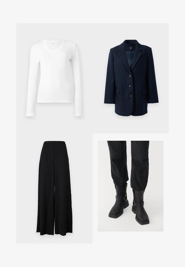 Marineblå enkeltknaps blazer med slagkraver, tre knapper, to lommer med klaffer og en brystlomme, foret indvendigt.; Simpelt hvidt langærmet skjorte med V-hals, slim fit, vist fladt mod en hvid baggrund.; Sorte brede bukser lavet af et struktureret stof, med en høj talje, der har folder og rene kanter for en slank silhuet.; Sorte læder ankelstøvler med firkantet tå, der har en bred rem og metallisk spænde detalje. Støvlerne har en chunky sål og en glat overflade.