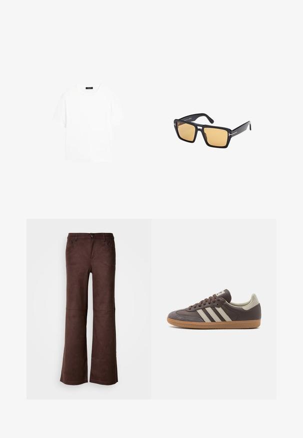Brauner Double-Breasted-Mantel aus strukturiertem Wollstoff, mit Kragen, vier schwarzen Knöpfen und zwei Seitentaschen.; Senfgelbes Sweatshirt mit Rundhalsausschnitt, gerippten Bündchen und Saum sowie Raglanärmeln. Weiche Textur und einfaches Design.; Weißes Baumwoll-T-Shirt mit Rundhalsausschnitt, kurzen Ärmeln und lässiger Passform. Keine sichtbaren Muster oder Verzierungen.; Braune, ausgestellte Hosen aus einem weichen, samtartigen Stoff. Verfügt über vier Taschen, einen Knopfverschluss und eine glatte, strukturierte Oberfläche.; Braune Leder-Sneaker mit drei hellen Streifen, Gummisohle, abgerundetem Zehenbereich und strukturierten Wildlederelementen an Ferse und Zehen.; Schwarze rechteckige Sonnenbrille mit goldgetönten Gläsern, die ein markantes Rahmen-Design und subtile metallische Akzente an den Bügeln aufweist.; Braune Lederhandschuhe mit fünf Fingern, die auf der Rückseite mit Steppnähten verziert sind, glatte Textur und einen engen Sitz am Handgelenk haben.