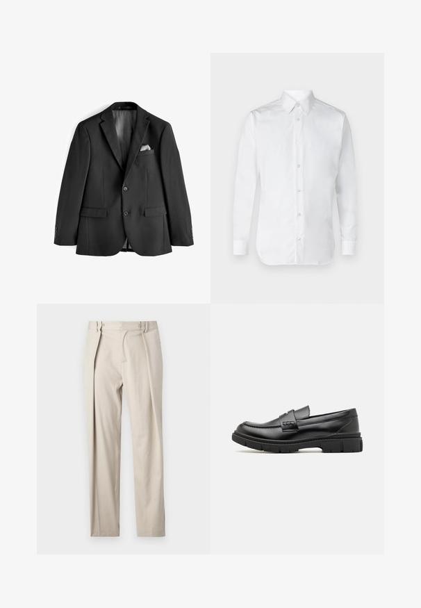 Černá sako vyrobené z hladké tkaniny. Má zářezové klopy, dvě přední kapsy a interiér podšitý saténem s kapsičkou.; Bílá košile na knoflíky s dlouhými rukávy, vyrobená z hladké bavlněné tkaniny, s klasickým límcem a jemným leskem. Pět knoflíků vpředu.; Béžové kalhoty s hladkou texturou, rovný střih, dvě přední záhyby, boční kapsy a poutka na opasek. Tkanina odolná vůči pomačkání.; Černé kožené loafery s širokým páskem přes nárt, gumová podrážka s výraznými vzorky a hladkým povrchem. Klasický, elegantní design.