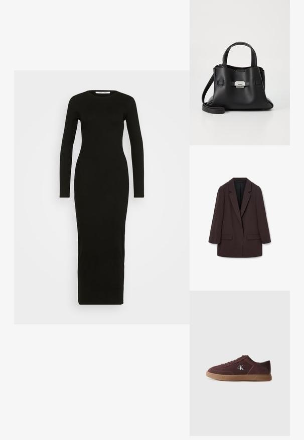 Rjav oversize blazer s šalom, z dvema sprednjima žepoma in gladko teksturo, ki ima enojno gumbno zapiranje in sproščen silhueto.; Črna dolga majica obleka s dolgimi rokavi, okroglim izrezom, prilegajočim silhuetom in dolžino do gležnjev. Gladka tekstura, brez vzorcev ali okraskov.; Calvin Klein Športni copati - bordeaux; Črna usnjena torbica z teksturirano površino, ki ima dva zgornja ročaja, odstranljiv ramenski trak in podrobnosti z srebrnim zapiranjem.