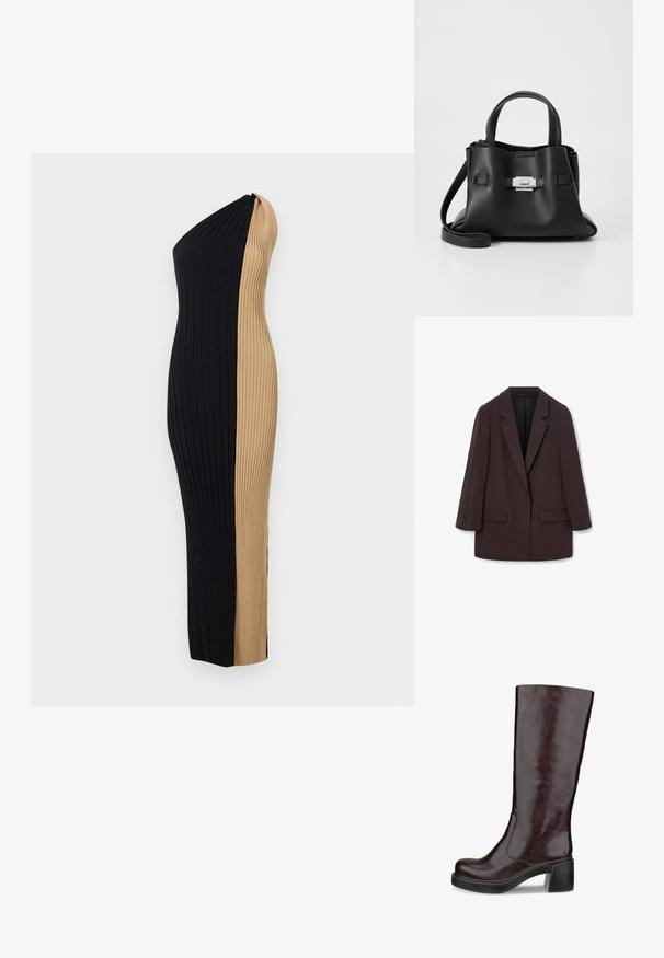 Blazer oversize marrone con rever a scialle, due tasche frontali e una trama liscia, caratterizzato da una chiusura a un bottone e una silhouette rilassata.; Abito a spalle scoperte a coste con una silhouette aderente. Presenta una combinazione di colori contrastanti in nero e beige e una texture verticale su tutta la superficie.; Stivale marrone al ginocchio con un design elegante, tacco chunky e finitura in pelle liscia, esposto su uno sfondo bianco.; Borsa a tracolla in pelle nera con finitura textured, dotata di due manici superiori, una tracolla rimovibile e un dettagli di chiusura in argento.