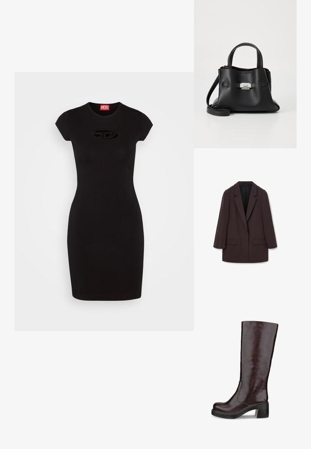 Hnědý oversized blejzr s šálovými klopami, dvěma předními kapsami a hladkou texturou, s jedním knoflíkovým zapínáním a uvolněným střihem.; Černé upnuté šaty s krátkým rukávem. Mají kulatý výstřih a jemné logo Diesel vyšívané v ladící barvě na hrudi.; Hnědá kozačka do výšky kolen s elegantním designem, masivním podpatkem a hladkým koženým povrchem, vystavená na bílém pozadí.; Černá kožená kabelka s texturovaným povrchem, vybavená dvěma horními uchy, odnímatelným ramenním popruhem a stříbrným detailem s uzávěrem.