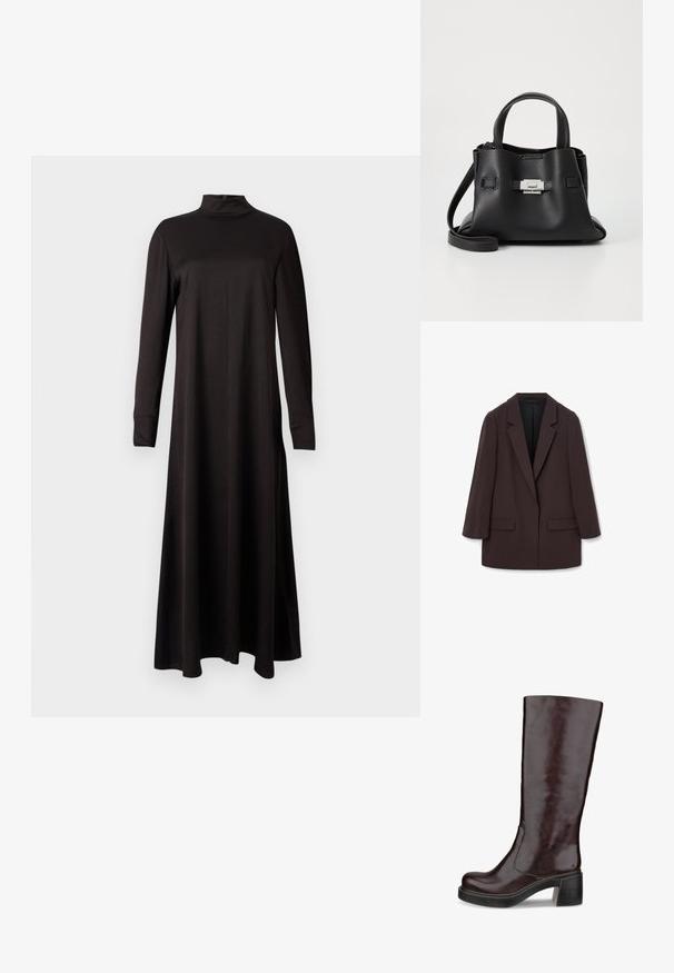 Blazer maro supradimensionat cu rever tip șal, două buzunare frontale și o textură netedă, având un închizător cu un singur buton și o siluetă relaxată.; Rochie neagră cu mânecă lungă, cu un guler înalt, realizată dintr-un material textil neted, cu o siluetă fluidă care se extinde până la gleznă.; Cizmă marron până la genunchi, cu un design elegant, toc gros și finisaj din piele netedă, expusă pe un fundal alb.; Geantă de mână din piele neagră cu o finisare texturată, având două mânere superioare, o curea de umăr detașabilă și un detaliu cu închidere din argint.