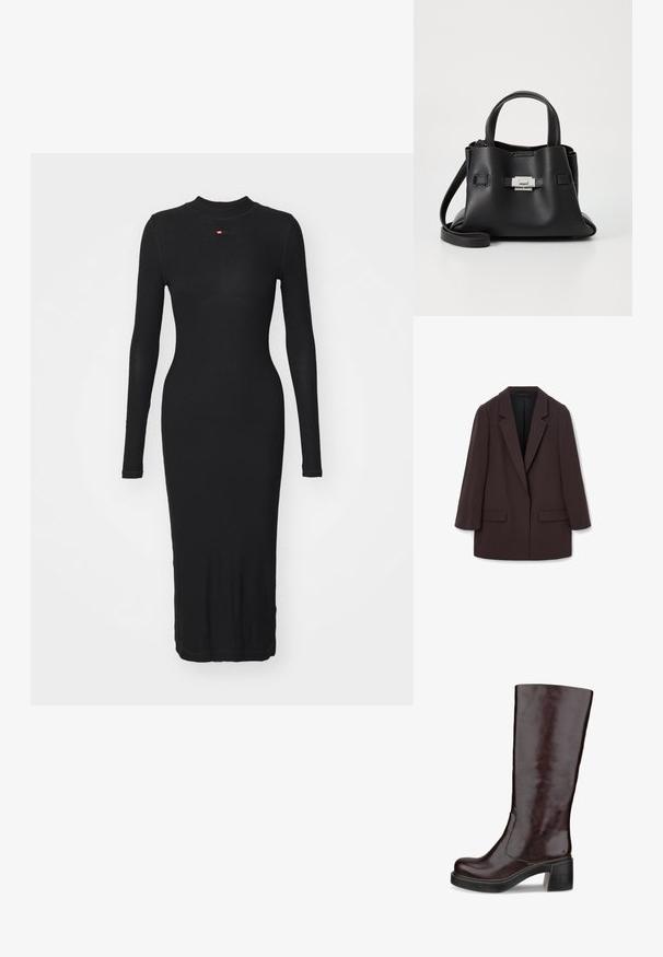 Smeđi oversized sako s šal reverima, dva prednja džepa i glatkom teksturom, s pojedinačnim dugmetom i opuštenim siluetom.; Crna haljina dugih rukava od rebrastog materijala, s visokim dekolteom i prilagođenim siluetom koja seže do sredine teladi.; Smeđe čizme do koljena s elegantnim dizajnom, debelim potplatom i glatkom kožnom završnom obradom, prikazane na bijeloj pozadini.; Crna kožna torba s teksturiranim završnim obradom, koja ima dva gornja ručka, odvojivu naramenicu i detalj s srebrnim kopčanjem.