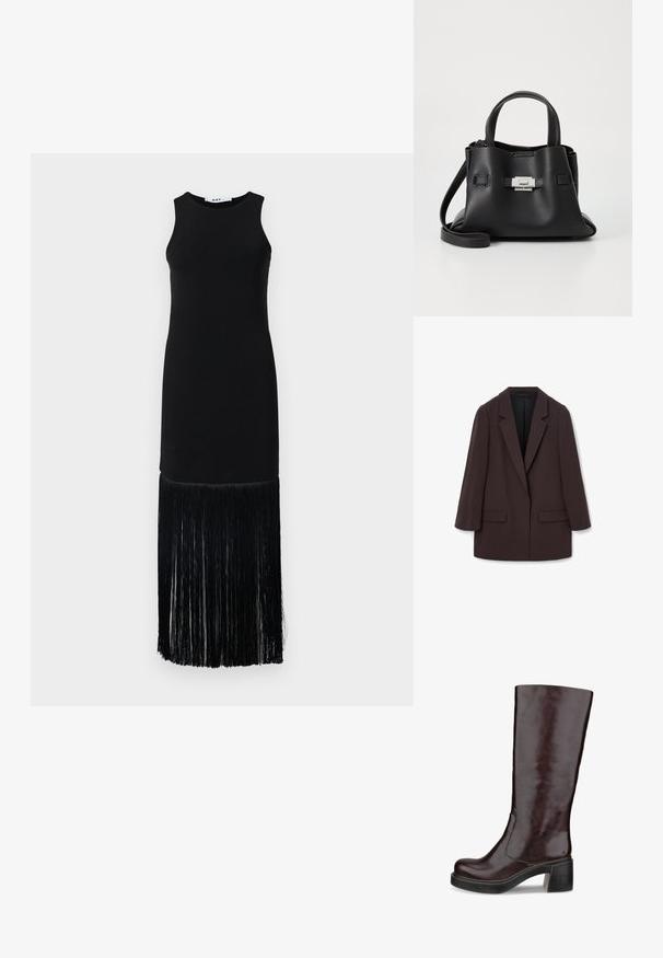 Barna, oversized blézer, sállapellel, két elülső zsebbel és sima textúrával, egygombos zárással és laza sziluettel.; Fekete ujjatlan ruha, testhezálló felsőrésszel és hosszú francia szegéllyel, sima anyagból készült, alján texturált francia részlettel.; Barna, térd fölé érő csizma, letisztult dizájnnal, vastag sarokkal és sima bőr kivitelben, fehér háttér előtt bemutatva.; Fekete bőr kézitáska struktúrált felülettel, két felső fogantyúval, levehető vállpánttal és ezüst színű csattal.