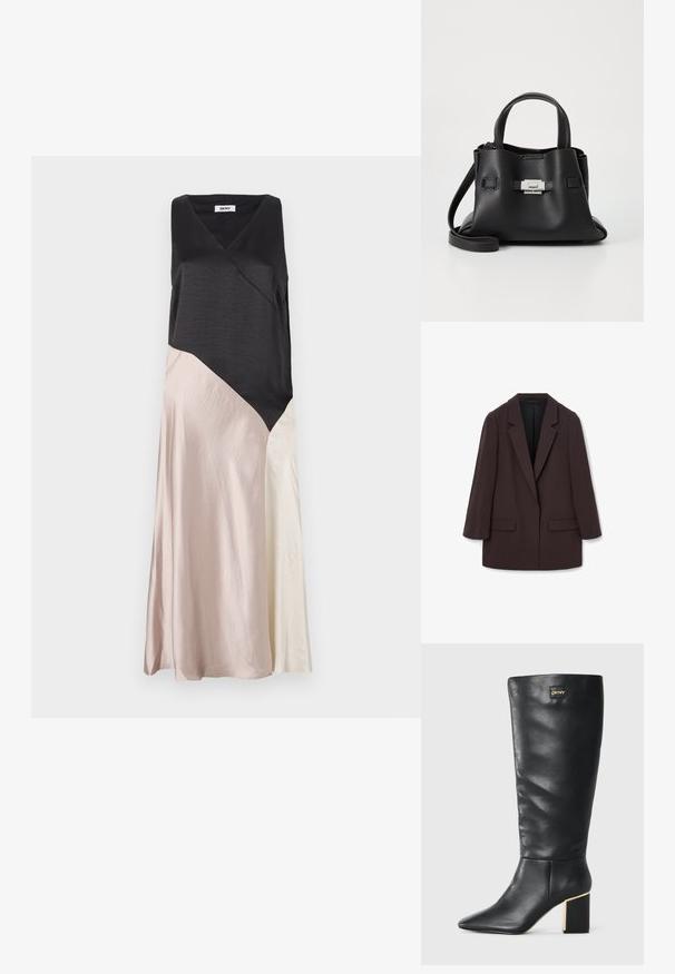 Blazer castanho oversized com lapelas em xale, duas bolsos frontais e uma textura suave, apresentando um fecho de botão único e uma silhueta descontraída.; Vestido preto sem mangas com decote em V, apresentando um design diagonal em tons suaves de nude e creme. Textura suave, silhueta fluida.; Bota de couro preta até ao joelho com bico pontiagudo, salto bloco com detalhe dourado e pequeno logótipo DKNY perto do topo.; Bolsa de mão de couro preto com um acabamento texturizado, apresentando duas alças superiores, uma alça de ombro destacável e um detalhe de fecho prateado.