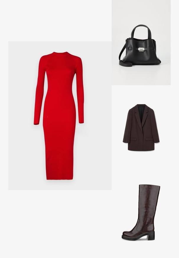 Brauner übergroßer Blazer mit Schalkragen, zwei vorderen Taschen und glatter Textur, ausgestattet mit einem Ein-Knopf-Verschluss und lässiger Silhouette.; Vero Moda Tall VMWILLOW DRESS - Strickkleid - salsa; Braune kniehohe Stiefel mit einem eleganten Design, auffälligem Absatz und glatter Lederoberfläche, dargestellt vor einem weißen Hintergrund.; Schwarze Ledertasche mit strukturiertem Finish, ausgestattet mit zwei oberen Griffen, einem abnehmbaren Schultergurt und einem silbernen Verschlussdetail.