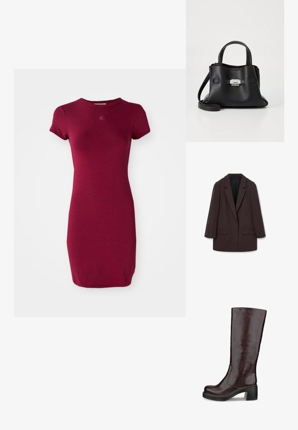 Brun oversized blazer med sjal-krage, to frontlommer og en glattere tekstur, med en enkelt knapp lukking og avslappet silhuett.; Bordeaux kortermet kjole, tettsittende design, rund hals, myk bomullstekstur, med subtil logo broderi på brystet.; Brune knelang støvel med et strømlinjeformet design, kraftig hæl og glat skinnfinish, vist på en hvit bakgrunn.; Svart skinnveske med teksturert overflate, som har to håndtak på toppen, en avtagbar skulderrem og detaljer med sølvspenne.
