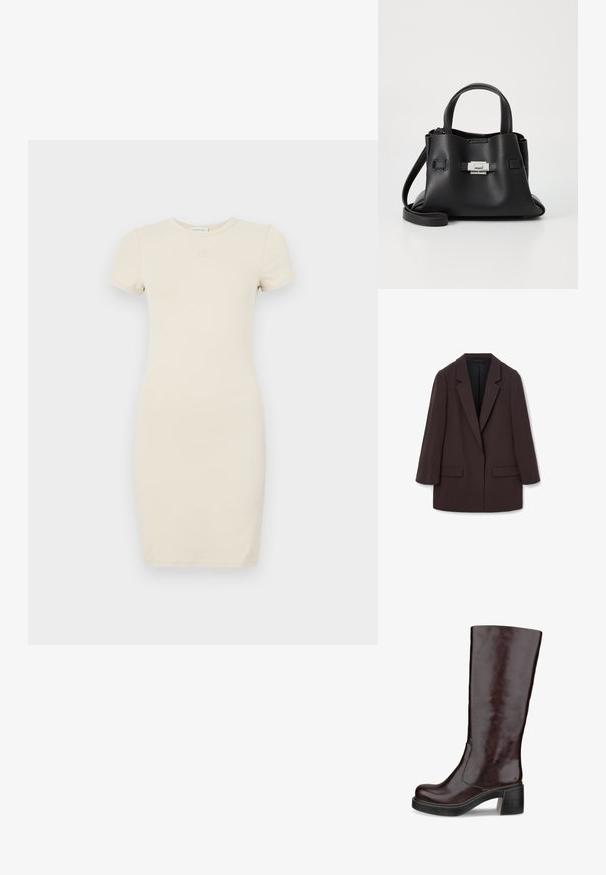 Pruun suur meeste bleiser šaalkrae, kahe esi-taskuga ja siledat tekstuuri, millel on ühekohaline kinnitamine ja vabalt langev siluett.; Kerge beež lühikeste varrukatega kleit, millel on kehakumerust rõhutav siluett. Valmistatud pehmest kangast, millel on rinna peal väike tikitud logo.; Pruun põlvepikkune saabas, millel on elegantne disain, jäme konts ja sile nahkviimistlus, esitatud valge tausta ees.; Mustmust kott, millel on tekstuuriga viimistlus, sisaldab kahte ülemist kättehaaret, eemaldatavat õlarihma ja hõbedast luku detaili.