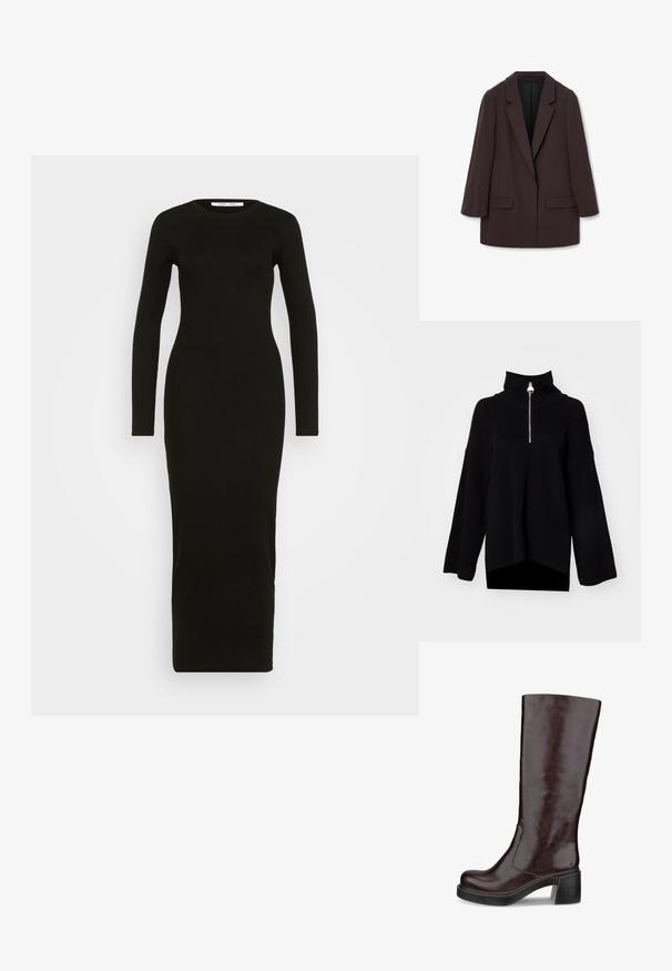 Brauner übergroßer Blazer mit Schalkragen, zwei vorderen Taschen und glatter Textur, ausgestattet mit einem Ein-Knopf-Verschluss und lässiger Silhouette.; Schwarzer Strickpullover mit hohem Kragen, einem silbernen Reißverschluss und weiten Ärmeln, mit einem leicht verkürzten und abgeschrägten Saum.; Schwarzes langärmeliges Jerseykleid mit Rundhalsausschnitt, tailliertem Schnitt und knöchellanger Länge. Glatte Textur, ohne Muster oder Verzierungen.; Braune kniehohe Stiefel mit einem eleganten Design, auffälligem Absatz und glatter Lederoberfläche, dargestellt vor einem weißen Hintergrund.; Schwarze Ledertasche mit strukturiertem Finish, ausgestattet mit zwei oberen Griffen, einem abnehmbaren Schultergurt und einem silbernen Verschlussdetail.