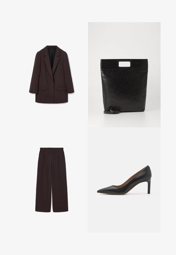 Barna, oversized blézer, sállapellel, két elülső zsebbel és sima textúrával, egygombos zárással és laza sziluettel.; Fehér, hosszú ujjú, galléros ing, amely pamutból készült. Gombos elülső része és egyetlen mellzsebe van. Simított textúra, laza szabás.; Sötétbarna, bő szárú nadrág, amely könnyű anyagból készült, magas derék, pliszék és két oldalzseb található rajta, valamint elasztikus derékkal rendelkezik.; Fekete bőr magassarkú cipő hegyes orral, karcsú szilüettel és vékony sarokkal. Simább felülettel és minimális hardver díszítéssel rendelkezik.; Fekete bőr bevásárlótáska négyzet alakú fogantyúval, texturált felülettel és dombornyomott logóval. Tartalmaz egy levehető pántot.