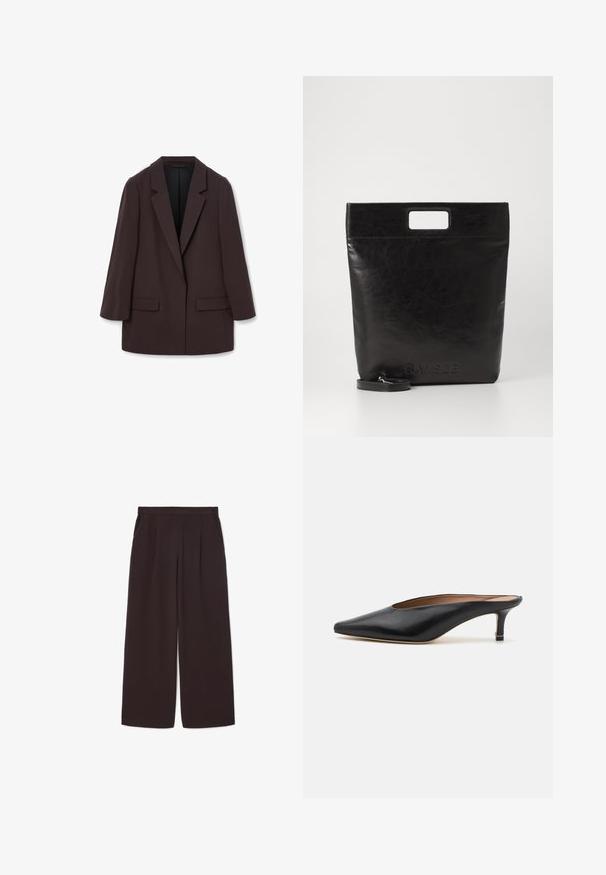 Rudas didelis bleizeris su šalikais, dviem priekinėmis kišenėmis ir lygiu paviršiumi, turintis vieno mygtuko užsegimą ir laisvą siluetą.; Balta ilgomis rankovėmis marškiniai su apykakle, pagaminti iš medvilnės. Su mygtukų užsegimu priekyje ir viena krūtinės kišenė. Lygus paviršius, laisvas siluetas.; Tamsiai rudos, plačios kojos kelnės pagamintos iš lengvos medžiagos, pasižyminčios aukštu liemeniu, raukšlėmis ir dviem šoninėmis kišenėmis, su elastinga juosmens juosta.; Juodi odiniai mulesai su smailiu pirštu ir žemu blokuotu kulnu. Lygi tekstūra su elegantišku dizainu. Atviras gale, su minimaliu dekoru.; Juoda odinė rankinė su kvadratiniu rankenu, su tekstūruotu paviršiumi ir įspaustu logotipu. Įeina nusiimama diržas.