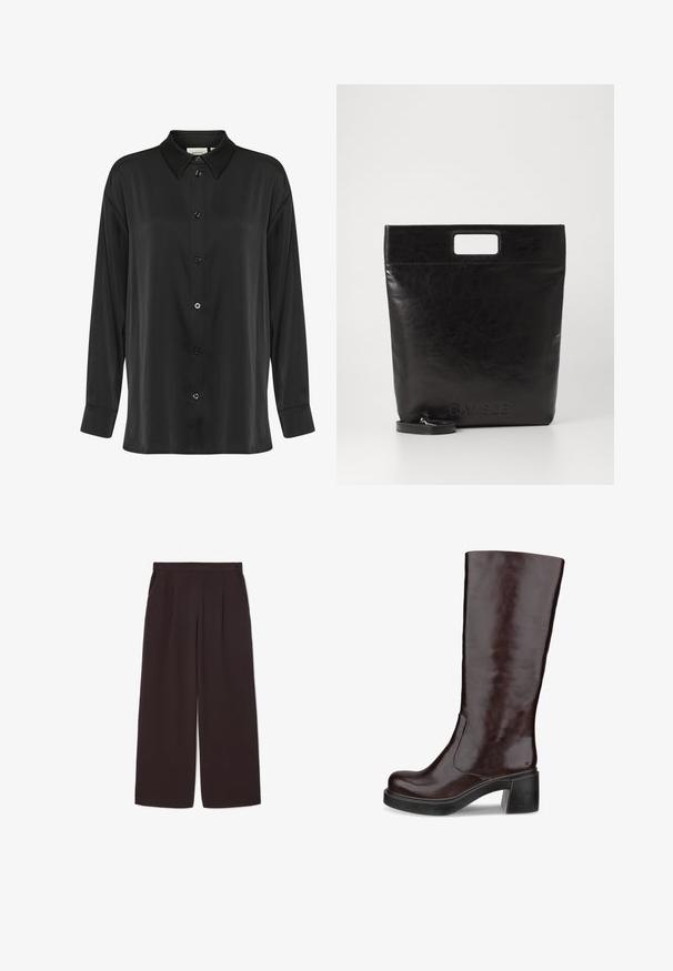 Rjav oversize blazer s šalom, z dvema sprednjima žepoma in gladko teksturo, ki ima enojno gumbno zapiranje in sproščen silhueto.; Črna dolg rokav majica iz gladkega blaga, z zapiranjem na gumbe spredaj, klasičnim ovratnikom in manšetami z enim gumbom.; Temno rjave široke hlače iz lahkega materiala, z visokim pasom, naborki in dvema stranskima žepoma, ter elastičnim pasom.; Rjave škornje do kolen z elegantnim dizajnom, debelom peto in gladkim usnjem, prikazane na beli podlagi.; Črna usnjena torba s kvadratnim ročajem, ki ima teksturirano obdelavo in vtisnjen logotip. Vključuje odstranljiv trak.