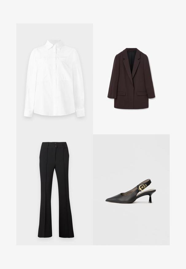 Barna, oversized blézer, sállapellel, két elülső zsebbel és sima textúrával, egygombos zárással és laza sziluettel.; Fehér, hosszú ujjú ing, gombos gallérral, két mellzsebbel és egyenes szabással. Könnyű anyagból készült, sima textúrával.; Fekete, bővülő nadrág, két elülső gombbal, sima, textúrált anyagból, függőleges varrásokkal a kifinomult megjelenés érdekében.; Fekete slingback magassarkú cipő hegyes orral, sima bőrfelülettel és aranyszínű csat díszítéssel a pánton.