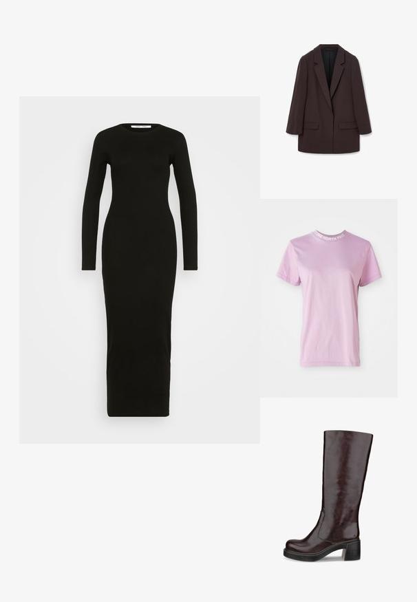 Blazer marrón de gran tamaño con solapas de chal, dos bolsillos frontales y una textura suave, con un cierre de un solo botón y una silueta relajada.; Camiseta de manga corta rosa claro con cuello redondo, que presenta el texto "THE NORTH FACE" en blanco en el cuello. Material de algodón suave.; Vestido de punto negro de manga larga con cuello redondo, silueta ajustada y diseño hasta el tobillo. Textura suave, sin patrones ni embellishments.; Bota marrón hasta la rodilla con un diseño elegante, tacón grueso y acabado en cuero suave, exhibida contra un fondo blanco.; Bolso de mano de cuero negro con un acabado texturizado, que cuenta con dos asas superiores, una correa de hombro desmontable y un detalle de broche plateado.