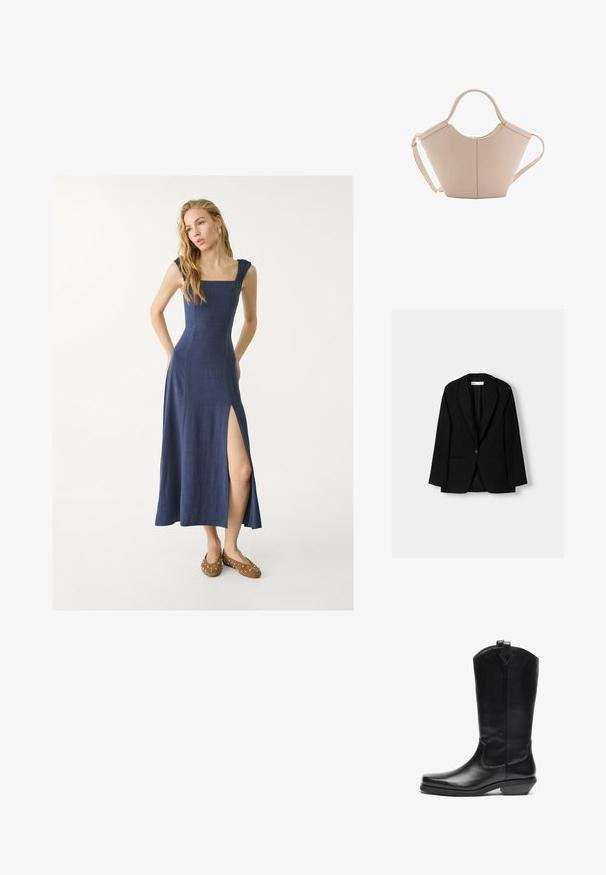 Schwarzer Blazer aus glattem Stoff. Verfügt über einen Ein-Knopf-Verschluss, Reverskragen und zwei Fronttaschen mit flachen Nähten.; Marineblaue Leinen-Maxi-Kleid mit quadratischem Ausschnitt, gerafften Schulterträgern und einem seitlichen Schlitz. Kombiniert mit braunen Schuhen mit silbernen Nieten.; Schwarze Leder-Cowboystiefel bis zur Mitte der Waden mit spitzer Kappe, schrägem Absatz, Zuggurt an der Oberseite und minimaler dekorativer Naht.; Beige Lederhandtasche mit einer einzigartigen Form, die zwei kurze Henkel und einen langen verstellbaren Riemen aufweist. Glatte Textur mit minimalen Hardware-Elementen.