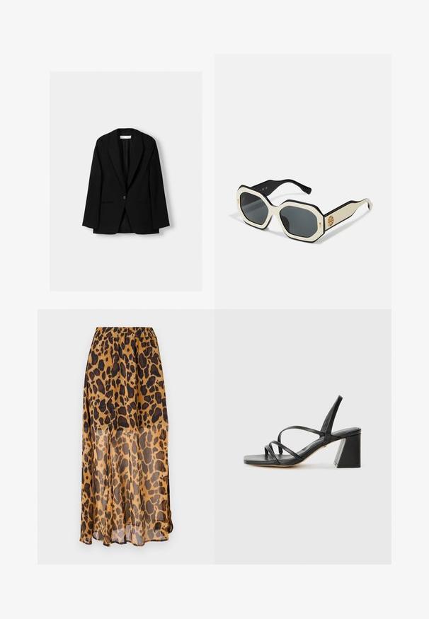 Čierny blazer vyrobený z hladkej tkaniny. Obsahuje zapínanie na jeden gombík, klopové golieriky a dve predné vrecká s plochými švami.; Biela košeľa s gombíkmi a špicatým golierom, dlhými rukávmi a malým modrým logom na ľavej hrudi. Vyrobená z bavlnenej látky.; Sukňa s leopardím vzorom vyrobená z ľahkej, priesvitnej látky. Obsahuje elastický pás a voľný strih, so škálou hnedých a čiernych bodiek.; Čierne sandále na vysokom podpätku so štvorcovou špičkou, s viacerými tenkými remienkami a geometrickým blokovým podpätkom. Hladká kožená textúra a minimalistický dizajn.; Slnečné okuliare s osmiuholníkovým bielym rámom, čiernymi okrajmi a sivými sklami. Zlatý detail loga na boku dodáva jedinečný akcent.; Biela kožená kabelka so zlatými kovovými doplnkami, vybavená klopou a odnímateľným, nastaviteľným remienkom. V strede zaoblený kovový detail.