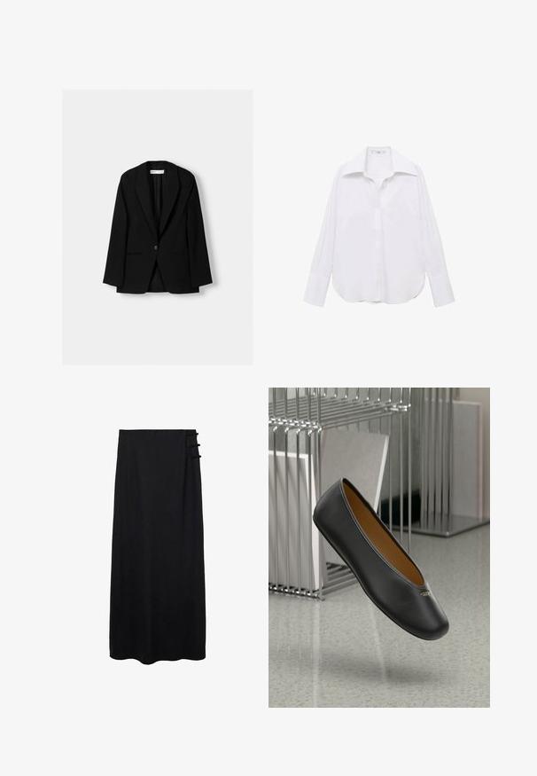 Sacou negru dintr-un material neted. Dispune de închidere cu un singur buton, rever cu colțuri și două buzunare frontale cu cusături plate.; Cămașă albă cu mâneci lungi, cu nasturi, cu guler clasic, croi lejer, fante laterale și textură netedă, realizată dintr-un material ușor.; Fustă maxi neagră cu o textură netedă, prevăzută cu un închizător lateral cu trei accente buclate pentru un plus de detaliu. Design până la podea.; Balerini din piele neagră cu vârf rotunjit, textură netedă și un accent cu logo auriu pe lateral. Poziționate deasupra unei suprafețe reflective.