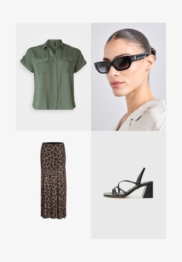 Crni sako napravljen od glatkog materijala. Ima jedan gumb za zatvaranje, rever koji je izrezan i dva prednja džepa s ravnim šavovima.; Košulja kratkih rukava, maslinasto zelena, s gumbima, napravljena od glatkog materijala, koja ima dva džepa na prsima i kontrastne detalje na gumbima.; Suknja s uzorkom leoparda u smešnim i crnim tonovima, s lepršavim dizajnom i suptilnim volanom na rubu, napravljena od lagane, mekane tkanine.; Crne sandale na visokoj peti sa kvadratnim vrhom, s više tankih remena i geometrijskom blok petom. Glatka kožna tekstura i minimalistički dizajn.; Crne pravokutne sunčane naočale s obojenim lećama, s masivnim okvirima i zlatnim detaljima na sljepoočnicama. Glatka, sjajna tekstura.; Crna kožna torba sa strukturiranim oblikom, zlatnim hardverom i detaljem brave. Sadrži dva gornja ručka i ušlog brendiranja na prednjoj strani.