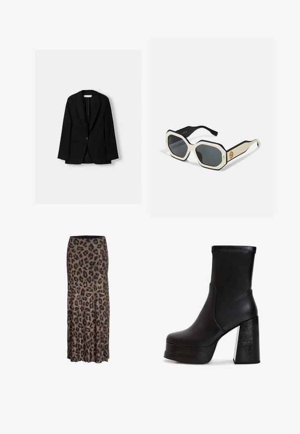 Czarna marynarka wykonana z gładkiego materiału. Posiada zapięcie na jeden guzik, klapy o zaokrąglonych brzegach oraz dwie przednie kieszenie z płaskimi szwami.; Czarna koszulka z krótkim rękawem, wykonana z miękkiego materiału. Posiada klasyczny okrągły dekolt i luźny krój. Brak widocznych wzorów lub akcentów.; Spódnica w panterkę w kolorze brązowym i czarnym, o swobodnym kroju z delikatną falbaną na końcu, wykonana z lekkiego, miękkiego materiału.; Czarne botki za kostkę wykonane z gładkiej skóry. Charakteryzują się wysokim obcasem w kształcie bloku o drewnopodobnej teksturze oraz solidną platformą. Szwy na cholewce.; Okulary przeciwsłoneczne z ośmiokątną białą ramką, czarnymi krawędziami i szarymi szkłami. Złoty detal logo po bokach dodaje wyrazistego akcentu.