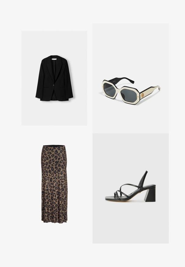 Musta bleiseri, joka on valmistettu sileästä kankaasta. Sisältää yksittäisen nappisuljin, viistetyt kaulukset ja kaksi etutaskua tasaisilla saumoilla.; Mustat lyhythihaiset t-paidat, jotka on valmistettu pehmeästä kankaasta. Contains classic pyöreä kaula-aukko ja rento istuvuus. Ei näkyviä kuvioita tai yksityiskohtia.; Hameleopardikuvio ruskeana ja mustana, jossa on virtaava muotoilu ja hienovarainen röyhelöhelma, valmistettu kevyestä, pehmeästä kankaasta.; Mustat korkokengät, joissa on neliön muotoinen kärki, useita ohuita hihnoja ja geometrinen lohkokorko. Silkkinen nahkapinta ja minimalistinen muotoilu.; Aurinkolasit, joissa on oktaalinen valkoinen kehys, mustat reunat ja harmaat linssit. Kullanvärinen logotietue sivussa lisää yhtenäisen akcentin.