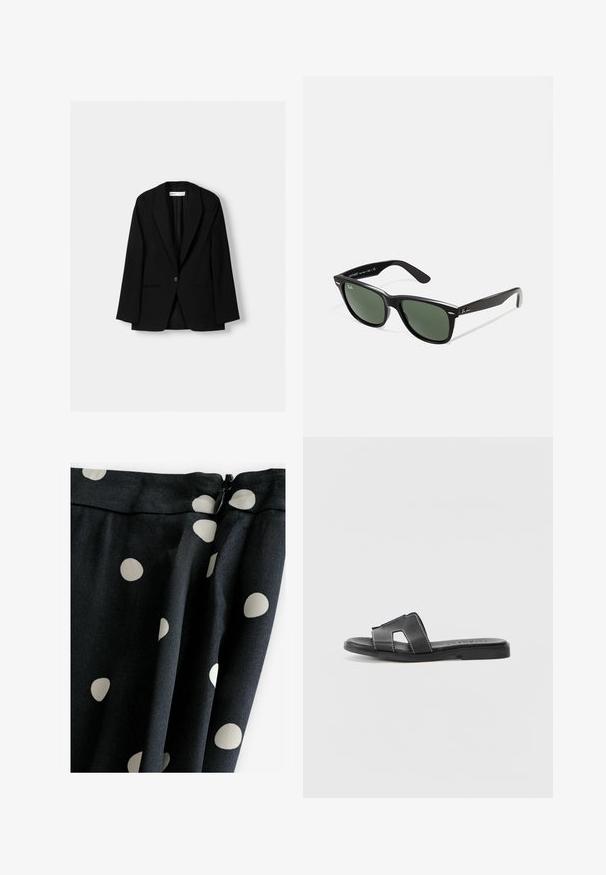 Zwarte blazer van een gladde stof. Voorzien van een enkele knoopsluiting, gesneden revers en twee voorzakken met platte naden.; Witte longsleeve T-shirt met ronde hals en een "WEEKDAY" label op de binnenkant van de kraag, plat gelegd op een lichtgrijze achtergrond.; Zwarte stof met grote crèmekleurige stippen; gladde textuur, gedrapeerd ontwerp en ritsluiting aan de bovenkant.; Zwarte leren slidesandalen met een platte zool, voorzien van twee gekruiste banden en contrasterende witte stiksels. Eenvoudig open teenontwerp.; Zwarte plastic zonnebril met groene lenzen, vierkante montuur, zilveren accent op de wenkbrauw en een gestructureerde tempel. Merken vermeld op de binnenkant van de arm.