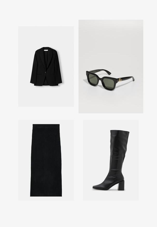 Čierny blazer vyrobený z hladkej tkaniny. Obsahuje zapínanie na jeden gombík, klopové golieriky a dve predné vrecká s plochými švami.; Biely rebrovaný tielko s okrúhlym výstrihom, bez rukávov a krátkou dĺžkou. Štítok znie "JJXX." Hladká textúra látky.; Čierna osuška na sukňu, ktorá má mäkký, textúrovaný povrch a priliehavý pás. Dizajn je jednoduchý a rovnomerný bez vzorov alebo akcentov.; RAID BLICK - Čižmy - black; Čierne obdĺžnikové slnečné okuliare s tmavozelenými šošovkami. Majú lesklý plastový rám a zlaté kovové akcenty na stranách.