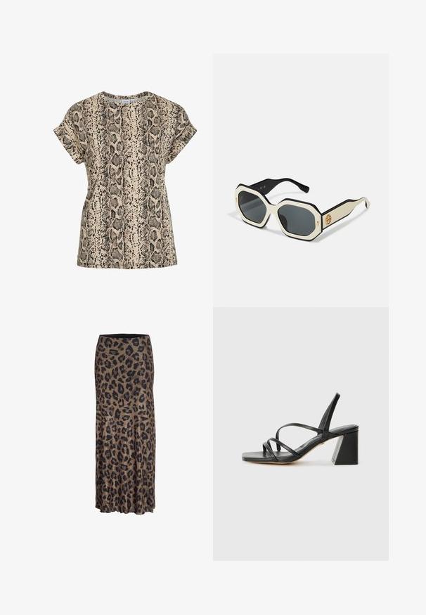 Musta bleiseri, joka on valmistettu sileästä kankaasta. Sisältää yksittäisen nappisuljin, viistetyt kaulukset ja kaksi etutaskua tasaisilla saumoilla.; Valkoinen lyhythihainen t-paita, jossa on musta- ja ruskeakuosisia käärmeprinttejä ja pyöreä pääntie.; Hameleopardikuvio ruskeana ja mustana, jossa on virtaava muotoilu ja hienovarainen röyhelöhelma, valmistettu kevyestä, pehmeästä kankaasta.; Mustat korkokengät, joissa on neliön muotoinen kärki, useita ohuita hihnoja ja geometrinen lohkokorko. Silkkinen nahkapinta ja minimalistinen muotoilu.; Aurinkolasit, joissa on oktaalinen valkoinen kehys, mustat reunat ja harmaat linssit. Kullanvärinen logotietue sivussa lisää yhtenäisen akcentin.; Valkoinen nahkainen käsilaukku, jossa on kultainen suljin, mustat yksityiskohdat, irrotettava olkahihna ja jämäkkä rakenne, jossa on läppä suljenta.