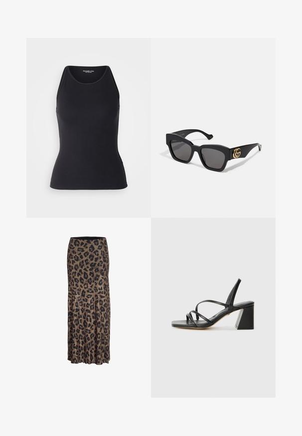Schwarzer Blazer aus glattem Stoff. Verfügt über einen Ein-Knopf-Verschluss, Reverskragen und zwei Fronttaschen mit flachen Nähten.; Abercrombie & Fitch HIGHNECK 4WAY CURVE HEM CAMI - Top - black beauty; Leopardenmusterrock in Braun und Schwarz, mit einem fließenden Design und einem dezenten Rüschensaum, hergestellt aus leichtem, weichem Stoff.; Schwarze High Heels Sandalen mit quadratischer Zehenpartie, die mehrere dünne Riemen und einen geometrischen Blockabsatz aufweisen. Glatte Ledertextur und minimales Design.; Schwarze rechteckige Sonnenbrille mit dunklen Gläsern, mit goldenem GG-Logo an der Seite. Aus glänzendem Kunststoff mit geraden Bügeln.