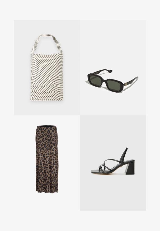 Blazer noir en tissu lisse. Présente une fermeture à un bouton, des revers crantés et deux poches avant avec des coutures plates.; Haut sans bretelles en tissu avec une base crème clair et des rayures diagonales marron foncé. Présente un ruché à la taille et un col halter.; Jupe en imprimé léopard brun et noir, présentant un design fluide avec un ourlet légèrement volanté, fabriquée en tissu léger et doux.; Sandales noires à talons avec un bout carré, présentant plusieurs fines bretelles et un talon bloc géométrique. Texture en cuir lisse et design minimaliste.; Lunettes de soleil rectangulaires noires avec des verres verts unis, dotées d'une finition brillante et d'un accent logo doré sur le côté.