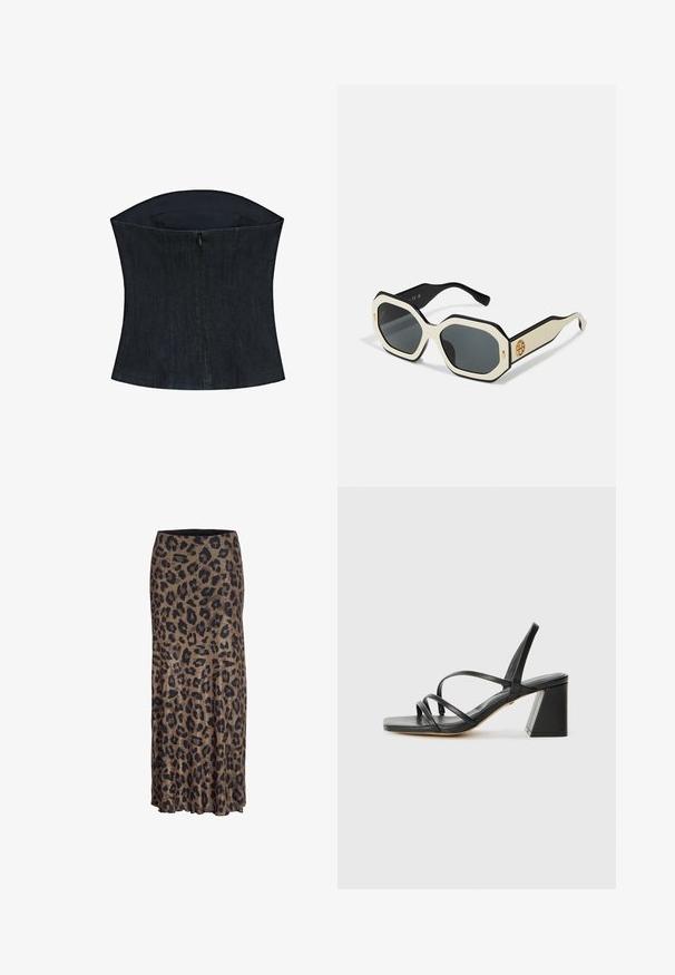 Zwarte blazer van een gladde stof. Voorzien van een enkele knoopsluiting, gesneden revers en twee voorzakken met platte naden.; Donkerdenim korsettop met een gestructureerde silhoutte, voorzien van een hoge halslijn en een centrale rits detail aan de achterkant. Soepele textuur.; Leopardprint rok in bruin en zwart, met een vloeiende vormgeving en een subtiele ruffle zoom, gemaakt van lichte, zachte stof.; Zwarte sandaaltjes met een vierkante teen, voorzien van meerdere dunne bandjes en een geometrische blokhak. Gladde lederen textuur en minimalistisch design.; Zonnebril met een octagonaal wit frame, zwarte randen en grijze lenzen. Gouden logo detail aan de zijkant voegt een onderscheidend accent toe.; Witte leren handtas met gouden beslag, voorzien van een flapsluiting en een afneembare, verstelbare band. Ronde metalen accenten in het midden.