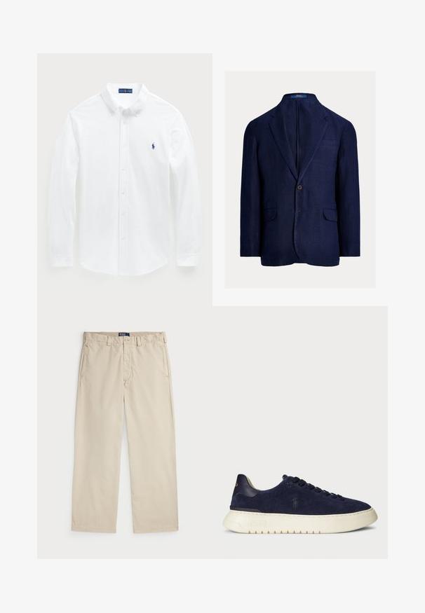 Blazer de lino azul marino con cierre de un solo botón, solapas con muesca, dos bolsillos frontales y un bolsillo en el pecho. Tejido texturizado con un ajuste relajado.; Camisa blanca de manga larga hecha de algodón, con colorín abotonado y un pequeño logo de polo azul en el pecho. Textura suave, corte clásico.; Chinos de algodón en color beige con diseño de pierna recta, que cuentan con un cierre de botón y dos bolsillos frontales. Textura suave y color sólido.; Zapatilla baja de ante azul marino con una superficie texturada, suela de goma y cordones tonales, que presenta un pequeño logotipo en el lateral y en el talón.