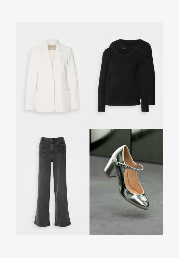 Blazer branco com corte ajustado, lapelas em bico, dois bolsos frontais e fecho de um único botão. Tecido suave com um brilho sutil.; Duas camisetas pretas de manga longa com design em V, feitas de um tecido macio e elástico, apresentando uma textura suave e um formato ajustado.; Calças de ganga pretas de cintura alta e pernas largas, com fecho de botão, passadores para cinto e dois bolsos traseiros com detalhes cosidos.; Sandalete Mary Jane prateado metálico com bico redondo, tira no tornozelo e salto bloco, apresentando uma textura suave e interior em tom claro.