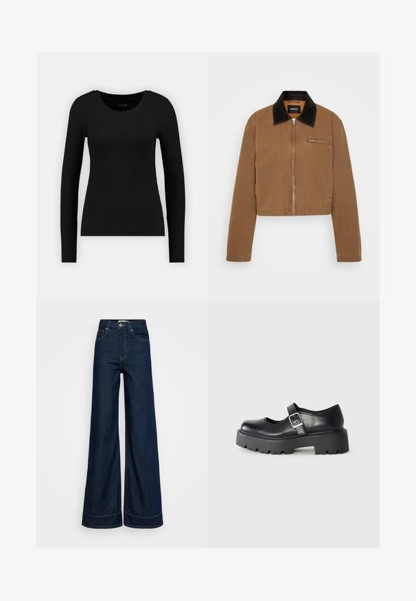 Brun kort jacka med svart manchesterkrage, framzipper och bröstficka. Slätt tyg med minimala sömnadsdetaljer.; Svart långärmad tröja i ribbad tyg. Har rund halsringning och figursydd silhuett. Enkel design utan mönster eller detaljer.; Mörkblå högmidjade vida jeans med framfickor, bältesöglor, knappstängning och synlig sömnad på en vit bakgrund.; ALDO ARIGON - Slip-ins - black