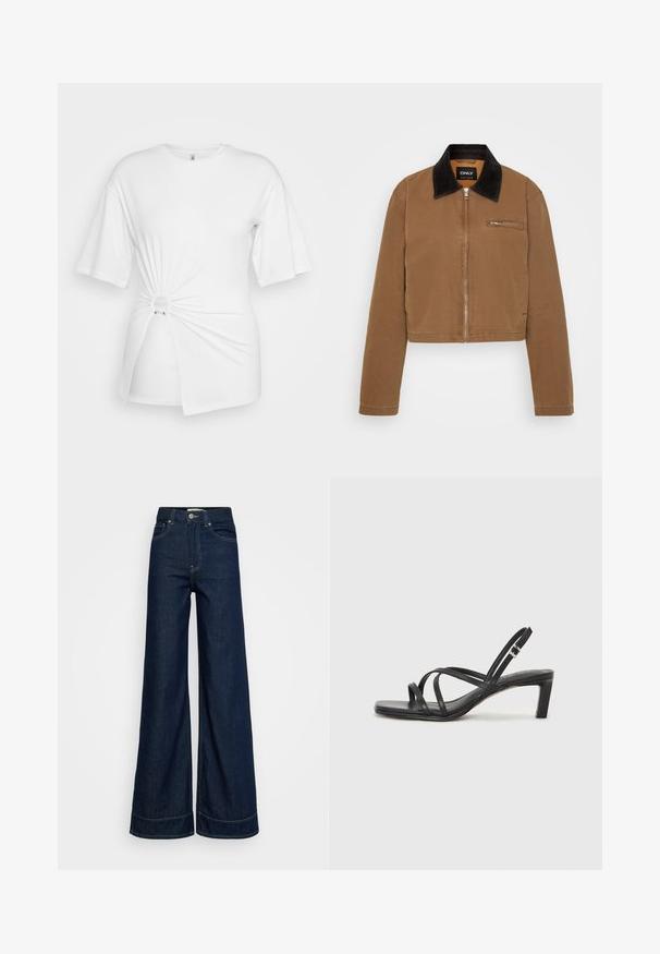Brun cropped jakke med krage i svart kordfløyel, frontglidelås og brystlomme. Glatt stoff med minimale sømdetaljer.; Hvit T-skjorte laget av myk bomull, med kort erm, en vridd knute detaljer foran, og en aksent ring i livet.; Mørkeblå høyt liv vide jeans med frontlommer, beltehemper, knappelukking og synlig søm på hvit bakgrunn.; Sorte sandaler med stropper, firkantet tå og lav blokk hæl. Har flere tynne stropper og en justerbar ankelstropp. Laget av glatt lær.