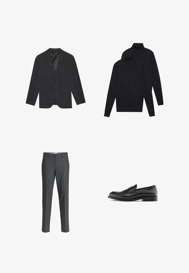 Blazer grigio scuro con design a un bottone, revers a vista, due tasche anteriori e interni foderati in satin. Chiusura con due bottoni.; Due maglioni a collo alto neri a maniche lunghe, lavorati a maglia semplice, impilati con uno leggermente dietro l'altro su uno sfondo bianco.; Pantaloni eleganti grigi con un design a gamba dritta, realizzati in un tessuto morbido. Presentano una chiusura con bottone e due tasche frontali.; Mocassino penny in pelle nera con tacco basso, punta arrotondata e dettagli cuciti lungo la tomaia, mostrato in profilo laterale su uno sfondo bianco.