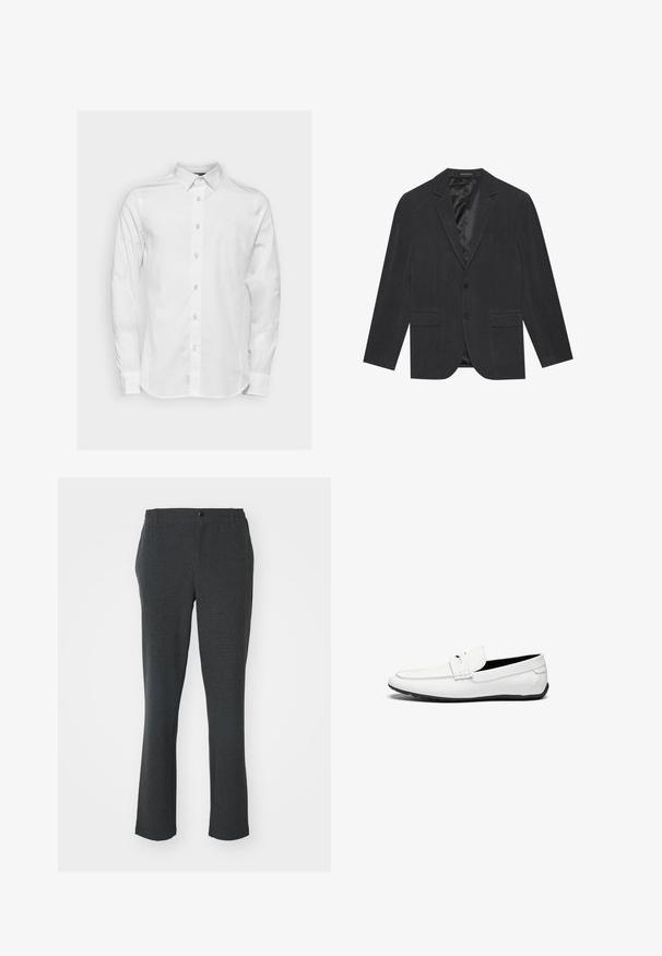 Tumehall rõivastekss, millel on ühe nööbi disain, sakilised kraed, kaks eesmist taskut ja satiinikattega sisemus. Kahe nööbiga lukustus.; Valge pika varrukaga puuvillane särk klassikalise kraega, millel on nupplukuga esiosa ja õrnad õmblustooted.; Tumed hallid püksid, valmistatud tekstuurilisest kangast; sirge lõikega, esiosa nööp ja diskreedid küljetaskud.; Valged nahast loafersid siledast viimistlusest, millel on õmmeldud aktsent, ümar nina ja must kummist tallapind, mis tagab haarde.