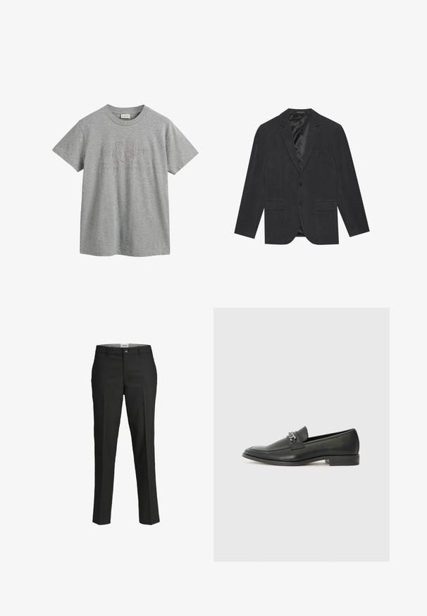 Dark gray blazer with a single-breasted design, notch lapels, two front pockets, and a satin-lined interior. Two-button closure.; Gray cotton T-shirt with short sleeves, rounded neckline, featuring a raised logo design that includes "GANT" and "American Sportswear."; Black trousers, tailored fit, smooth fabric, mid-rise waist, front button closure, diagonal pockets, and crease detailing down the legs.; Black leather loafer with a smooth finish, featuring a stitched design and a decorative metal chain accent across the vamp. Flat heel.