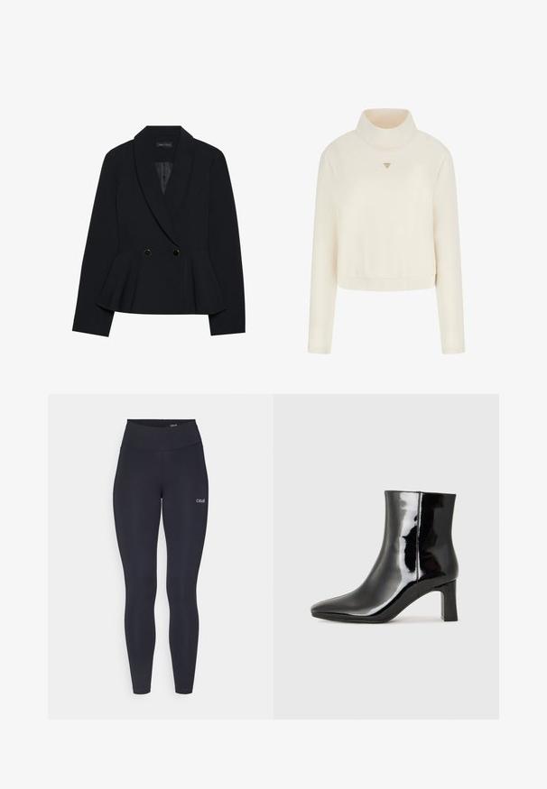 Fekete peplum zakó hegyes hajtókával, dupla gombos záródással, arany részletekkel és strukturált formával. Sima, kellemes tapintású anyag.; Guess HOHER KRAGEN - Melegítőfelső - crema; Fekete leggings magas derékkal, rugalmas anyagból készült, kis fehér logóval a combon és sima textúrával.; Fekete lakk bőrcipő bokáig érő, hegyes orral és közepes magasságú tömbsarokkal. Simább textúrával és minimalista dizájnnal rendelkezik.