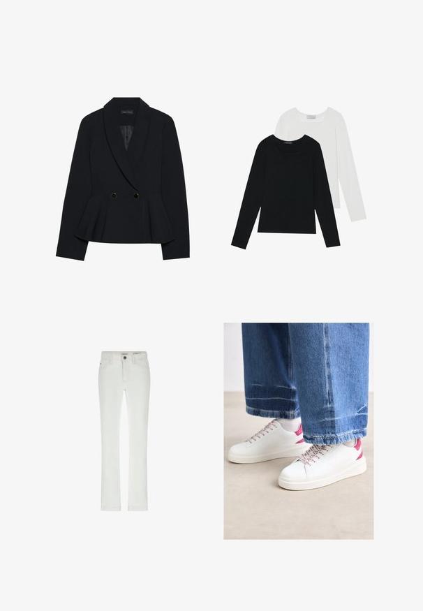 Blazer peplum nero con rever a punta, chiusura a doppio bottone con accenti dorati e forma strutturata. Tessuto dalla texture liscia.; Due magliette a maniche lunghe, una nera e una bianca, entrambe con scollo quadrato e realizzate in un tessuto morbido e elasticizzato.; Jeans bianchi a vestibilità slim, con design a 5 tasche e cuciture a contrasto. Caratterizzati da una chiusura con bottone e una discreta etichetta del marchio in vita.; Sneakers bianchi in pelle con dettagli rosa, punta tonda e lacci decorati. Indossati con jeans in denim blu larghi, accorciati alla caviglia.