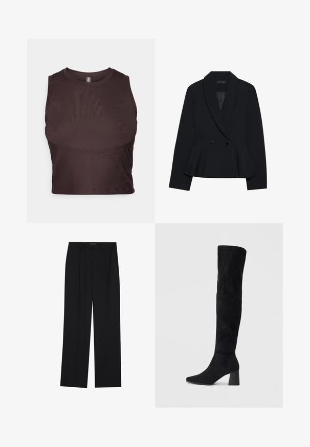 Juodas peplum švarkas su apvaliu atlapu, dviguba mygtukų užsegimu su auksiniais akcentais ir struktūrizuota forma. Lygus audinio paviršius.; Tamsiai rudos spalvos raibotas trumpas viršus su plačiomis petnešėlėmis, apvaliu kaklu ir be siūlių dizainu. Pasižymi prigludusia siluetu ir tampri medžiaga, užtikrinančia komfortą.; Juodos kelnes su tiesiomis sijonais, turinčios dvi priekinės kišenės ir juosmenį. Pagamintos iš lygios, lengvos medžiagos.; Juoda zomšinė kelio ilgio batai su blokuotu kulnu, smailiu nosiu ir lygiu, be siūlių dizainu ant paprastos šviesios fono.