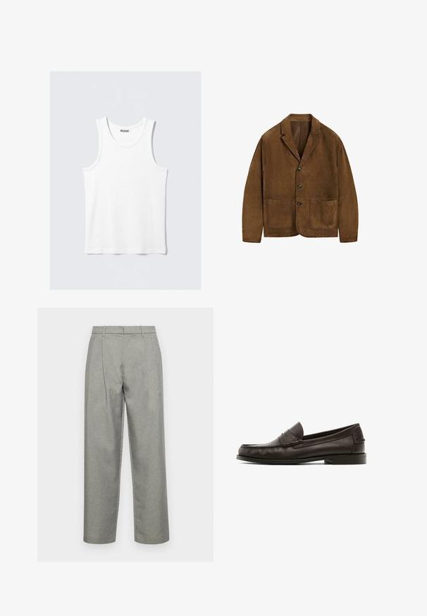 Bruine suède blazer met een gekartelde revers, vier knopen aan de voorkant en twee grote opgestikte zakken. Zachte textuur met een schoon, minimalistisch ontwerp.; Witte tanktop met een ronde halslijn en brede schouderbanden. Gemaakt van een gladde, lichte stof en heeft een minimalistisch ontwerp zonder patronen.; Grijze op maat gemaakte broeken van gestructureerde stof, met een klassieke rechte pijpdesign, voorplooien en een standaard tailleband met riemlussen.; Bruine leren instappers met een gladde textuur, voorzien van decoratieve stiksels, een lage hak en een rond te ontwerp.