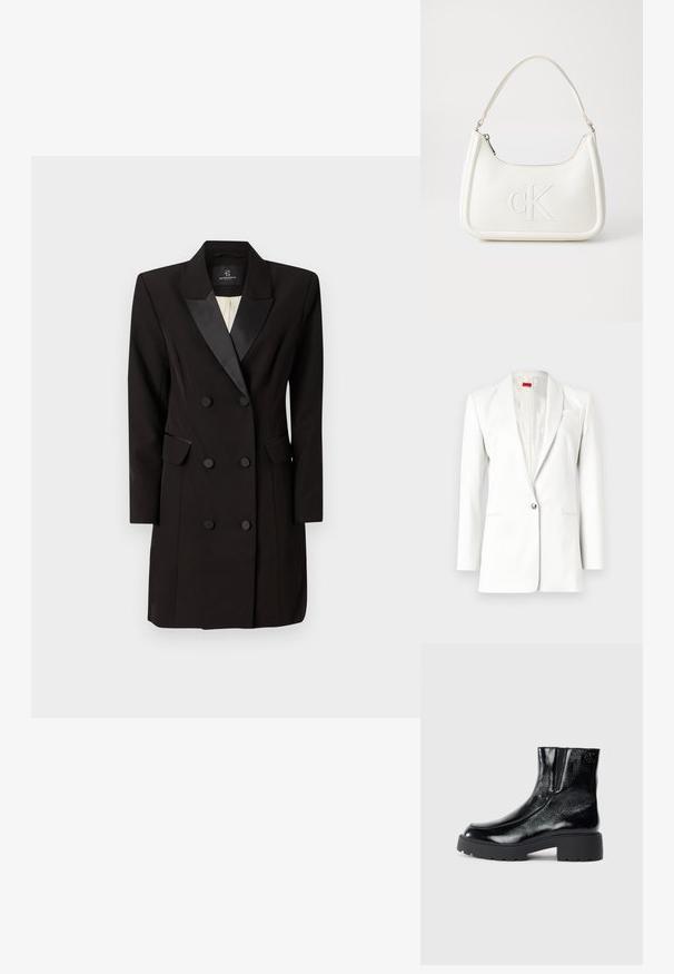 Valkoinen puku takki, jossa on yksittäinen napitus, lovetut kaulukset ja hienovarainen rakenne. Sisältää taskuliina yksityiskohdan ja satiinimaisen vuoren.; Kaksirivinen musta bleiserimekko, joka on valmistettu sileästä kankaasta. Mekossa on satiinikaulus, kaksi läppätaskua ja kuusi etupainiketta.; Mustat nilkkurit, joissa on kiiltävä patenttinahkafarba, paksu musta kumipohja ja korkeampi korko; sisältää hienovaraisen logon yksityiskohdan sivussa.; Valkoinen nahkalaukku, jossa on kaareva muotoilu, etupuolella kohokuvioitu "CK" -logo ja yksi olkahihna. Vetoketjukiinnitys ylhäällä.